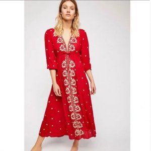 Free People Embroidered Fable Midi Dress in Rock N' Roll Red Combo